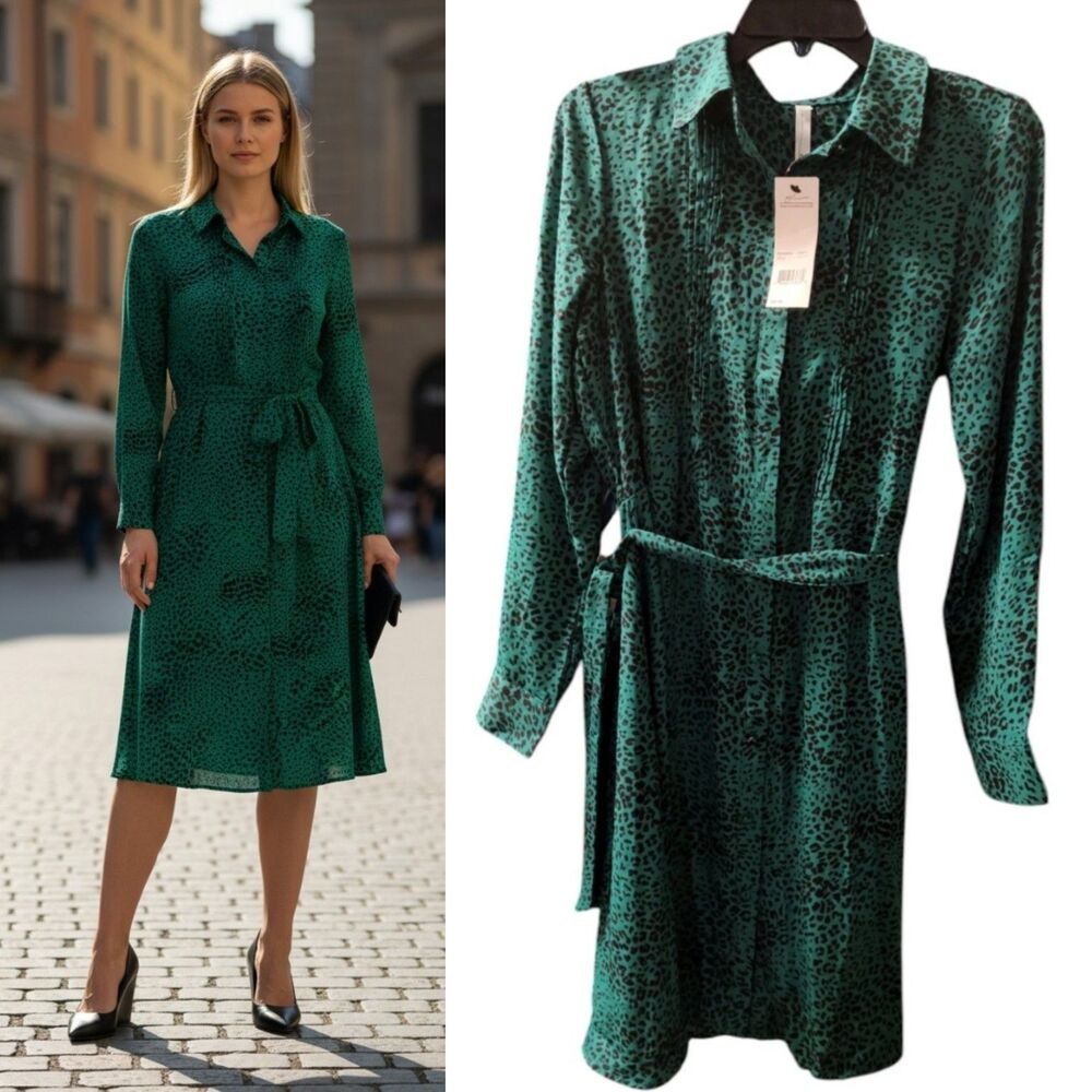 NY Collection Women Green Animal Print Self-Tie Shirt Dress Petite Size PL